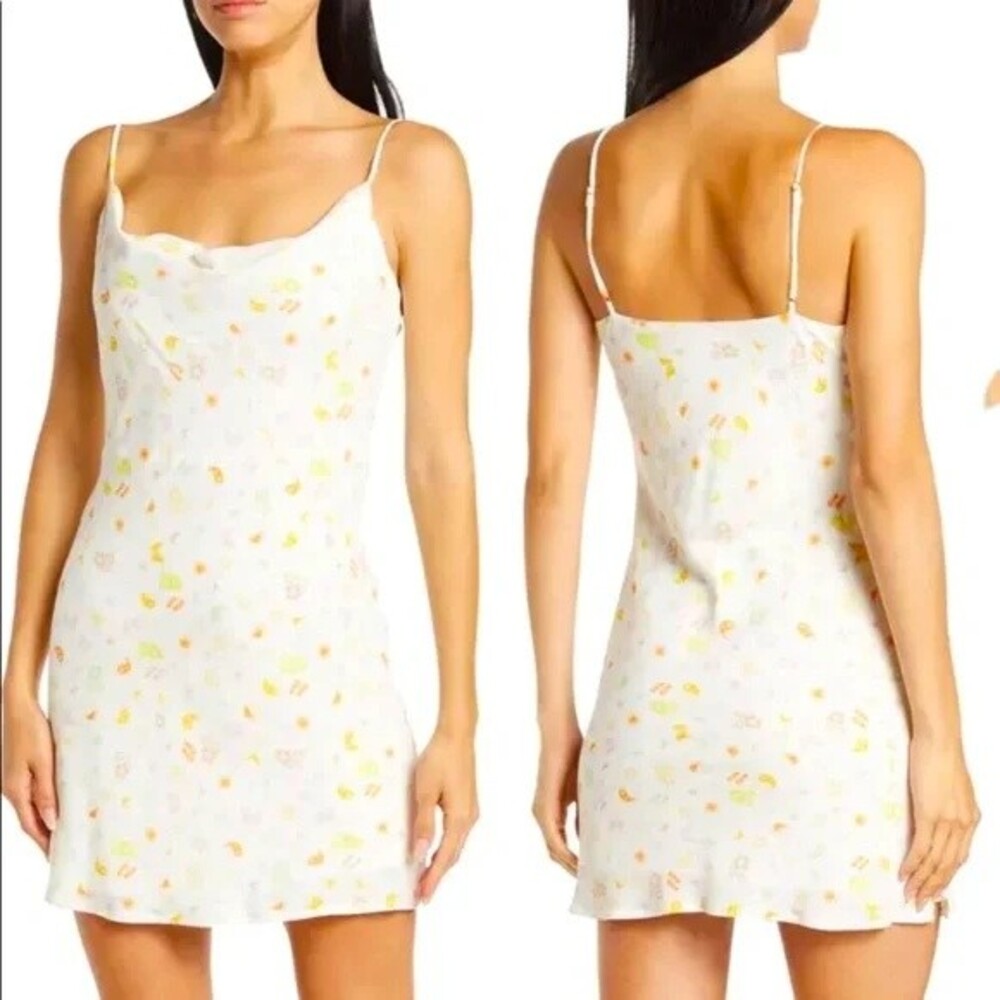 Elodie White Orange Print Mini Dress S Small Whimsical Cowl Neck Slip NWT B4